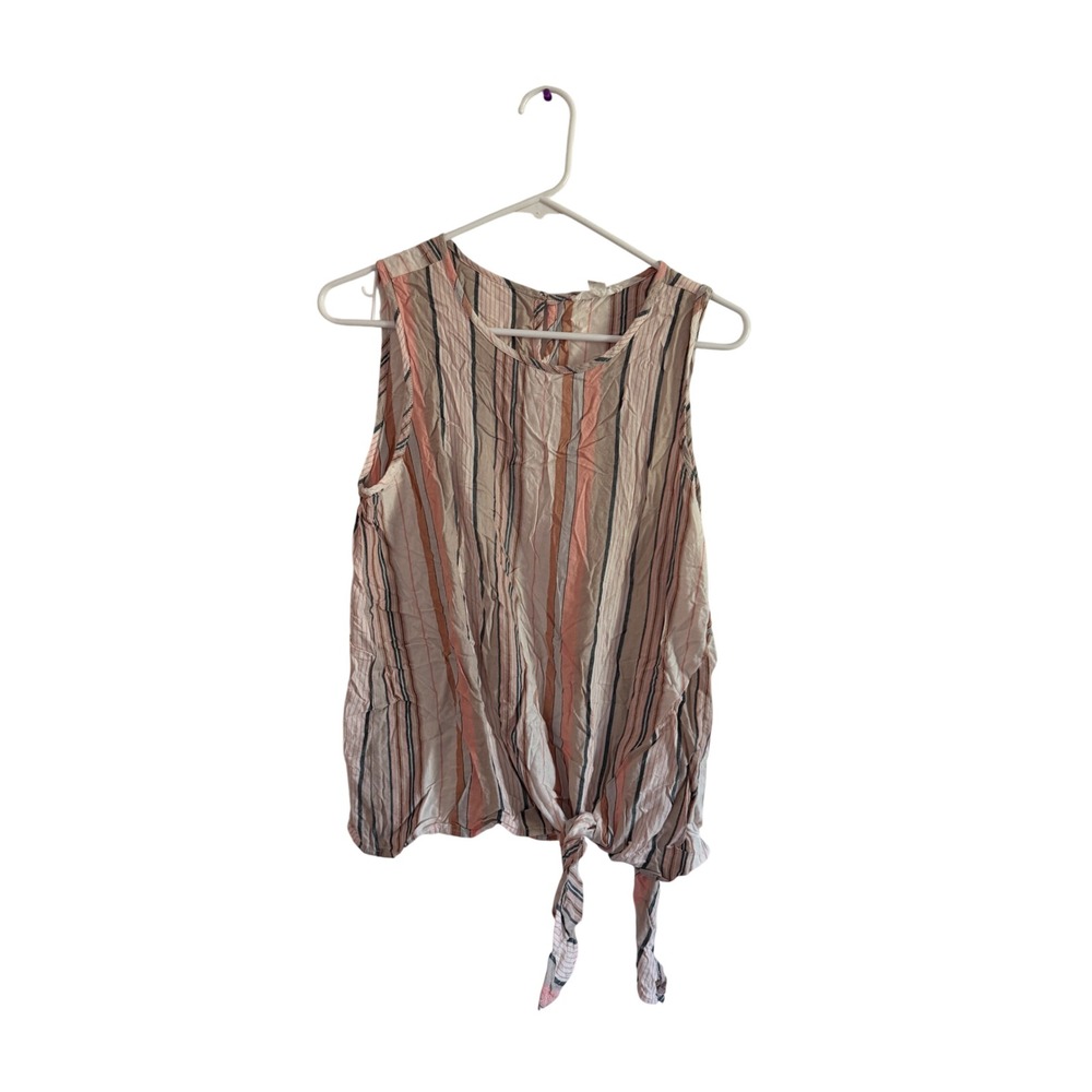 Beachlunchlounge Womens Small Striped Sleeveless Tie Front Blouse Coral Tan Navy